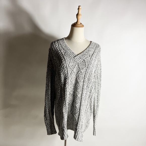 LL BEAN Signature Women’s Cotton V Neck Pull Over Marled Gray White Sweater M